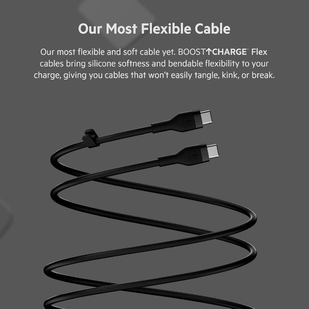 Belkin Boostcharge Flex Silicone USB-C To USB-C Cable (1M/3.3FT), Mfi-Certified Charging USB Cable For iPhone 16 Series, Samsung Galaxy Series, Google Pixel, & More With Cable Clip - Black - CarrotKart | India's first Open Box ecommerce platform