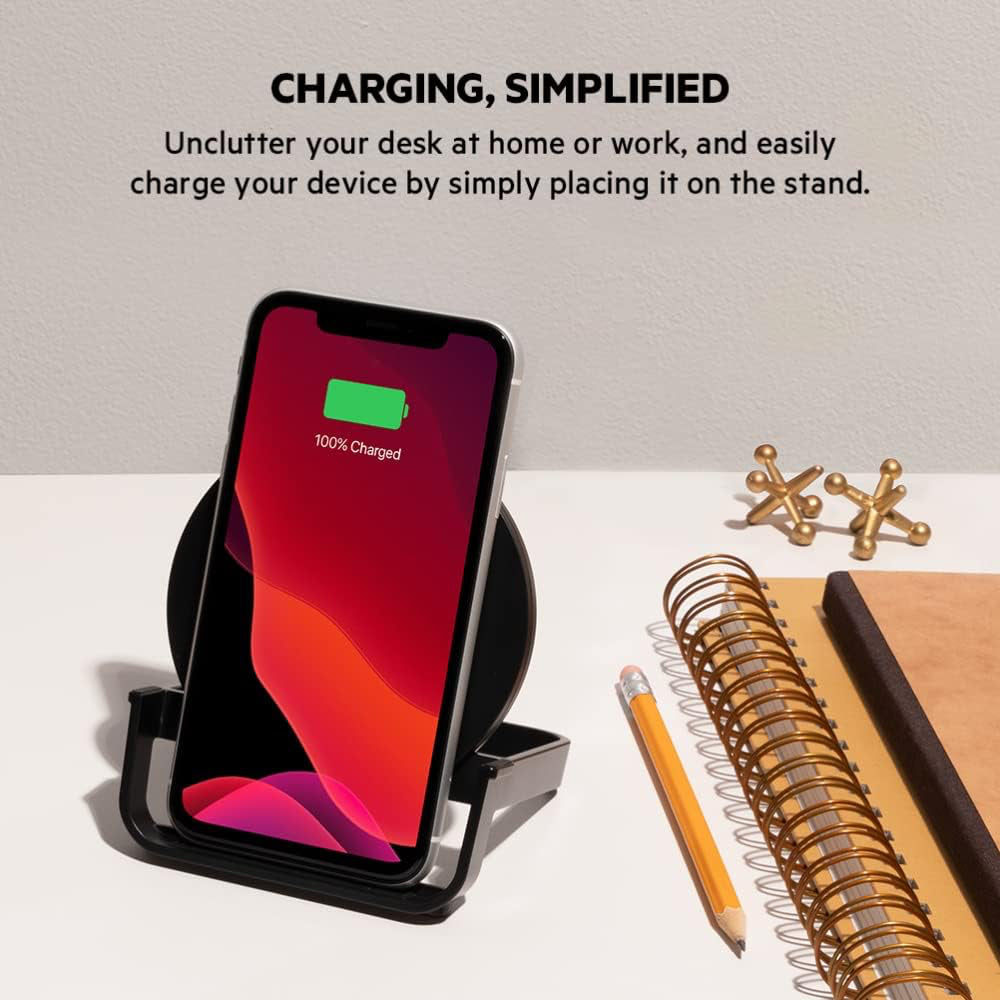 Belkin Quick Charge 10W Wireless Charger - Qi-Certified Charger Stand for iPhone, Samsung Galaxy - Charge While Listening to Music, Streaming Videos, & Video Calling - Includes AC Adapter - Black - CarrotKart | India's first Open Box ecommerce platform