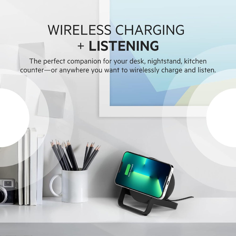 Belkin Boost Charge 10W Wireless Charging Stand + Bluetooth Speaker Optimized for iPhone, Samsung, LG, Sony, and Google Smartphones (Black) - CarrotKart | India's first Open Box ecommerce platform