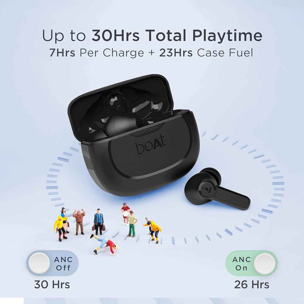 boAt Airdopes 393ANC True Wireless in Ear Earbuds with 32dB Hybrid ANC, Quad Mics with ENx™ Tech, 30 Hours Playback, Beast™ Mode,ASAP™ Charge,Ambient Mode,Bluetooth v5.2 IWP™,IPX5(Rogue Black)