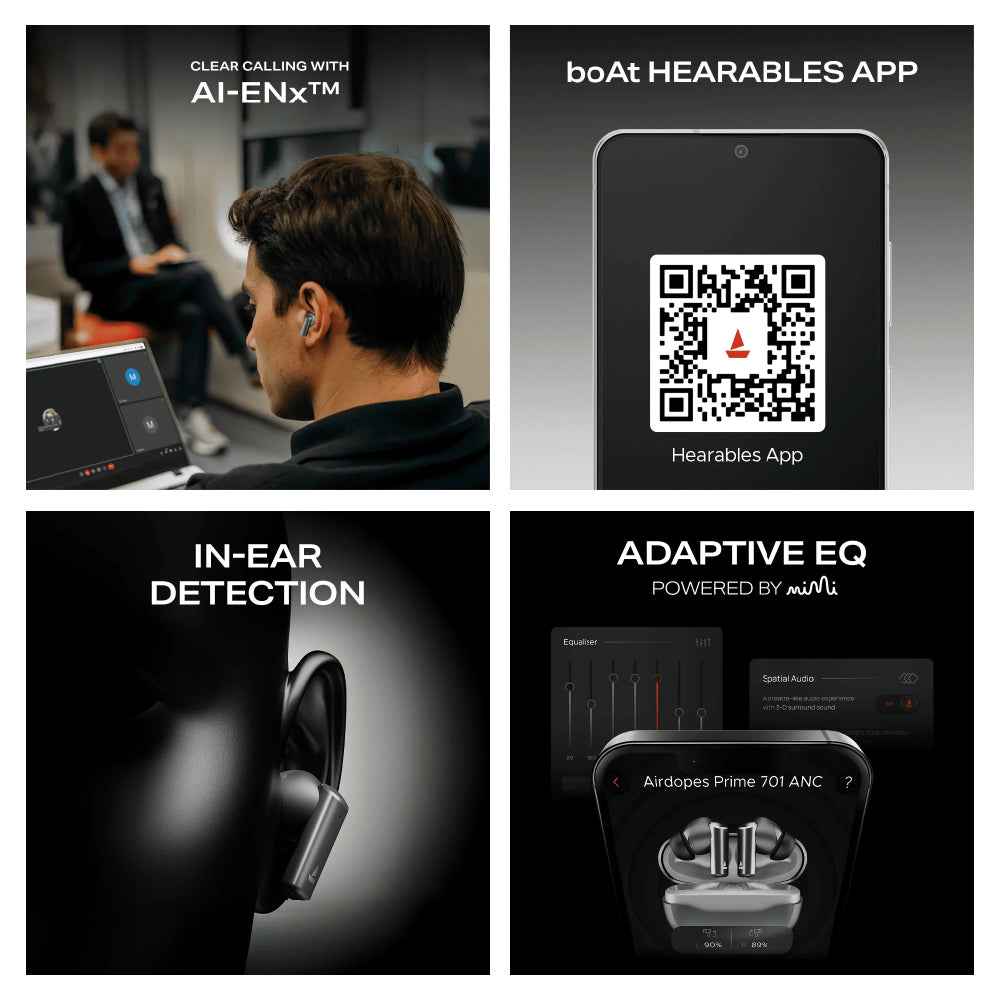 boAt Airdopes Prime 701 ANC (2025 Launch),46dB Hybrid ANC, 50Hr Battery, Real Spatial Audio,Multidevice Connect,App Support, Bluetooth Earbuds, TWS Ear Buds Wireless Earphones with mic (Obsidian Grey)