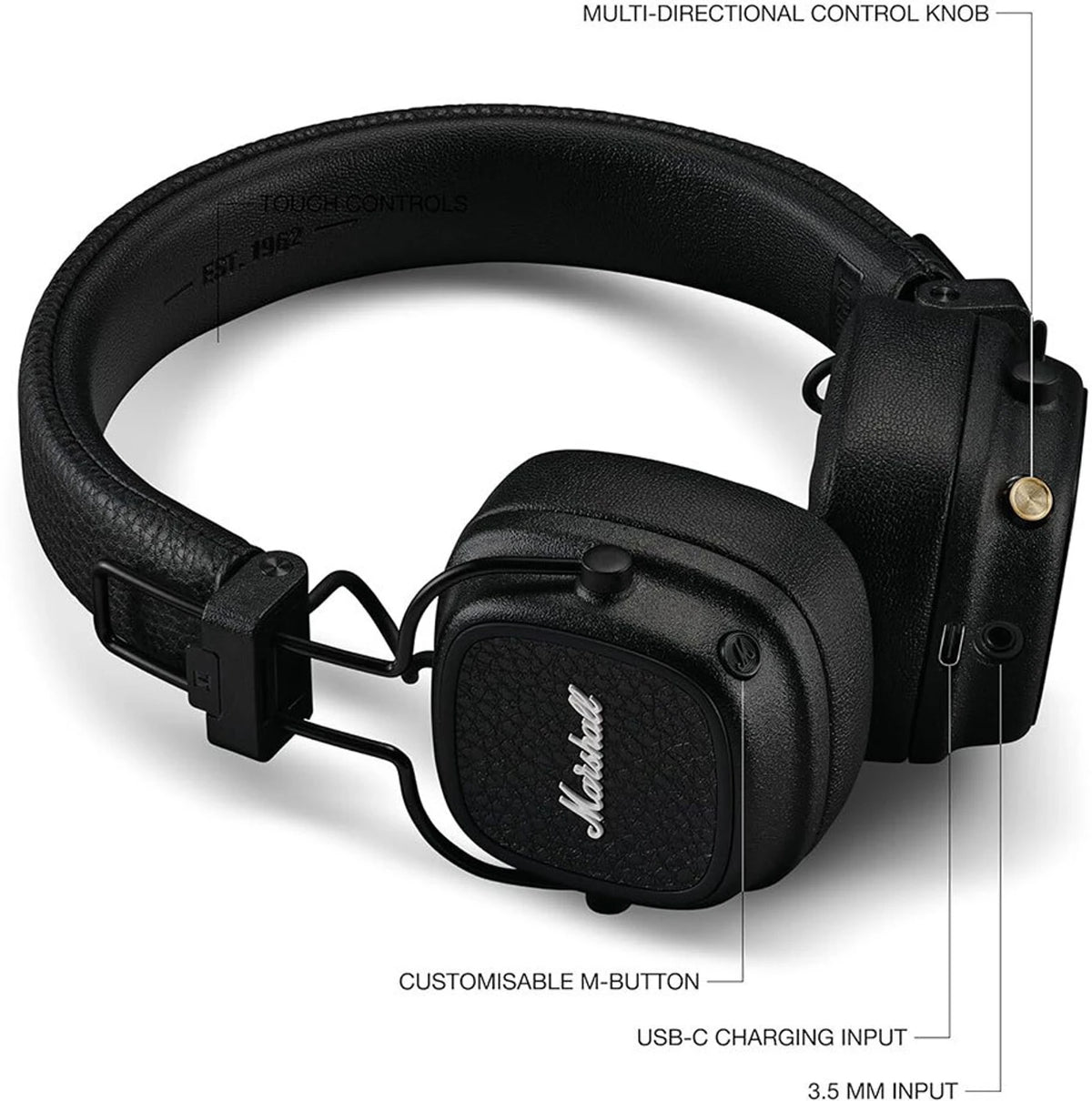 Marshall Major V Wireless On-Ear Headphones, 100 Hours playtime Bluetooth Headset (Black, On the Ear) - CarrotKart | India's first Open Box ecommerce platform