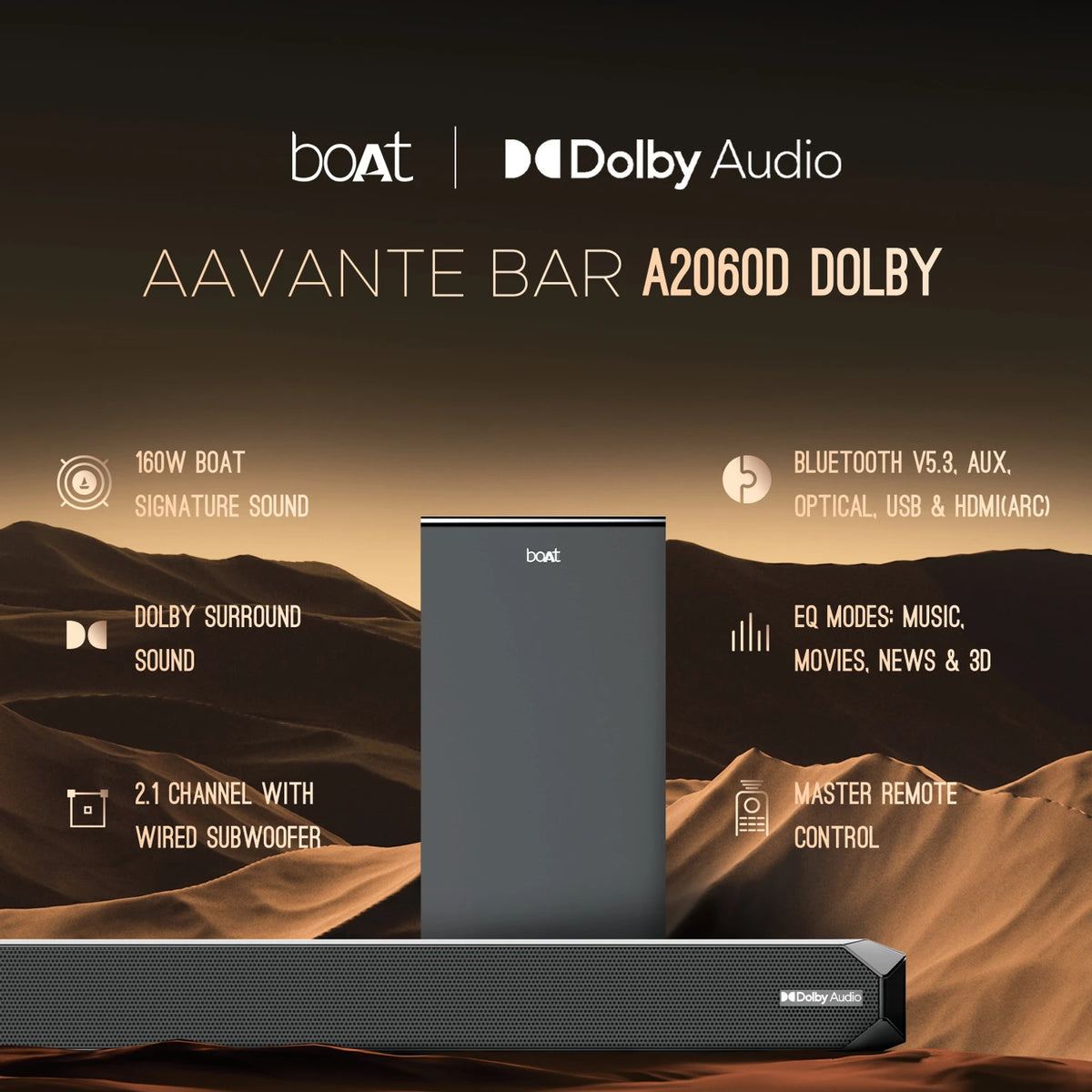 boAt Aavante Bar A2060 160W Dolby Audio Soundbar 2.1 Channel - CarrotKart | India's first Open Box ecommerce platform