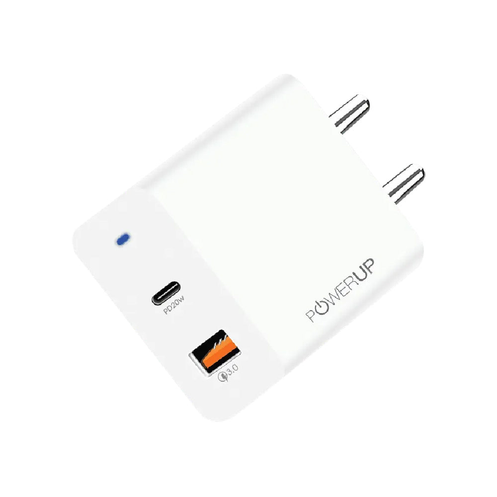 POWERUP 20W Type A & Type C 2-Port Fast Charger (Adapter Only, Multiple Safety Protection, White) - CarrotKart | India's first Open Box ecommerce platform