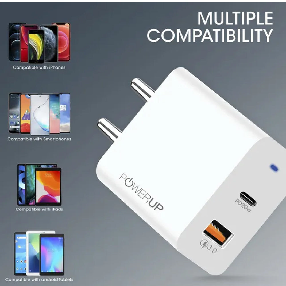 POWERUP 20W Type A & Type C 2-Port Fast Charger (Adapter Only, Multiple Safety Protection, White) - CarrotKart | India's first Open Box ecommerce platform